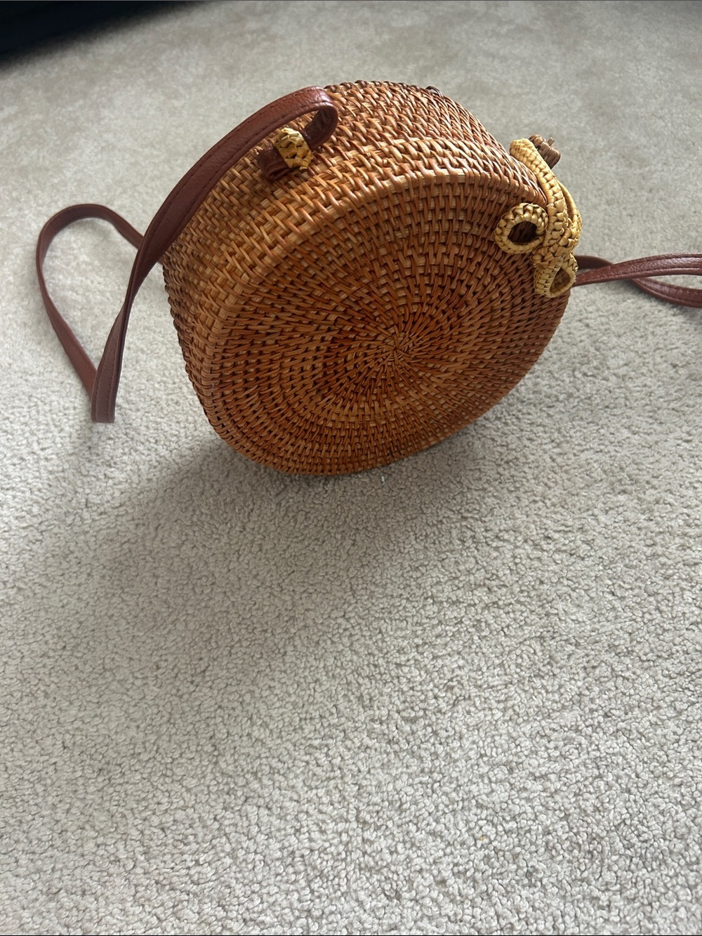 Round Woven Crossbody Bag in Brown with Leather Strap